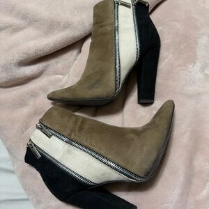 Colorblock Suede Ankle Boots - Olive, Cream & Black